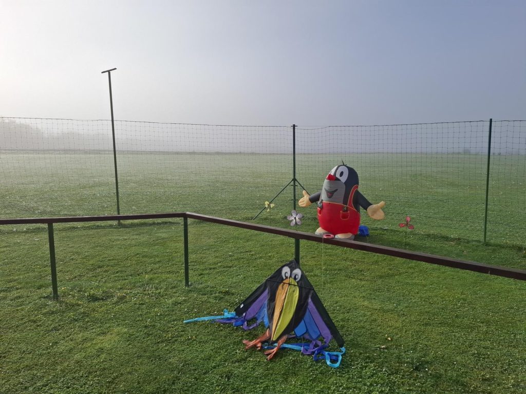 Auf dem Modellflugplatz des MFV Otto Lilienthal Sömmerda Drachenfigur Charly Einleiner steht vor dem Netz