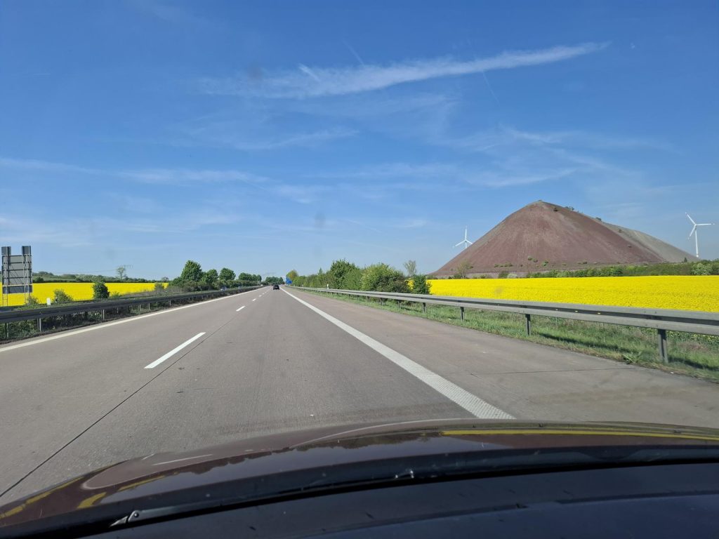 Anreise nach Bad Sassendorf zur Prowing. Blick aus dem Auto auf die gelben Rapsfelder und Halden der Wismut.